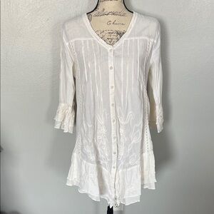 G. Designs White Embroidered Tunic Top Cotton Button Front Boho Sz S